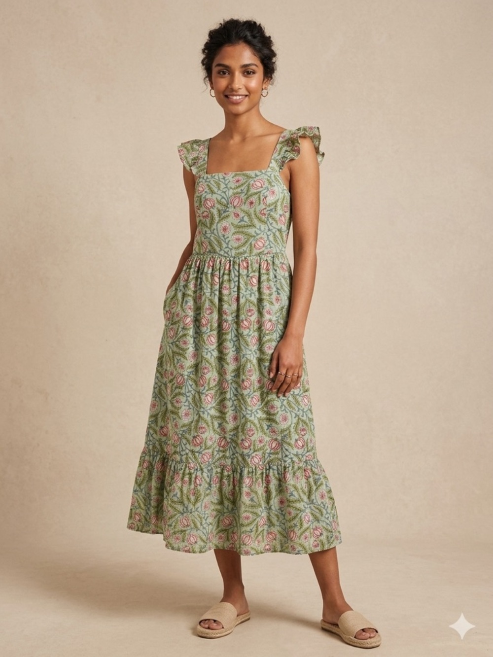 Anthroplogie dRA Los Angeles Midi Dress Sage Green Floral Boho Tiered